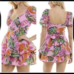 🆕Crystal Sky Tropical Floral Jungle Print Pink Mini Ruffle Dress Size XS NWT